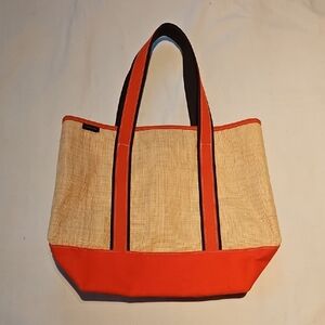 Lands' End Orange and Cream Canvas And  Raffia Tote Bag